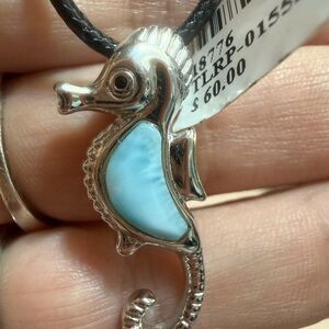 Sterling Silver and genuine larimar stone Seahorse Pendant with Blue Accent